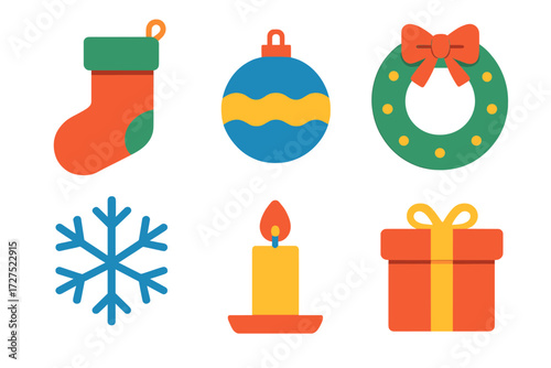 Vibrant Holiday Icons. Holiday spirit in modern flat vector : stocking, ornament, wreath, snowflake, candle, wrapped present. .