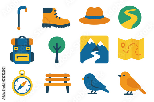 Minimalist Hiking Icons. Walking stick in modern flat vector : cane, boot, hat, path, backpack, tree, mountain, river, map, compass, bench, bird. 3