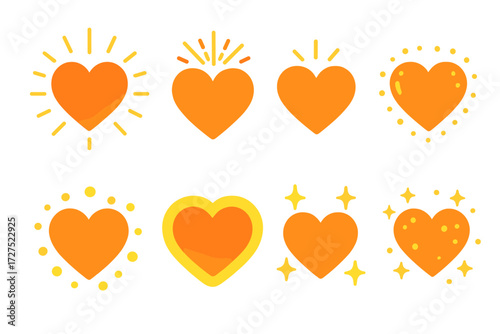 Radiant Heart Icons. Emotive sparks in modern flat vector : radiant inner heart, glowing spark burst, heart with shine lines, flickering spark heart,