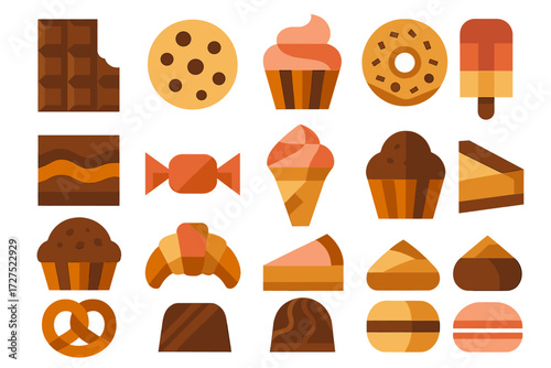 Sweet Treat Icons. Indulgent treats set of icons in abstract flat : chocolate bar, cookie, cupcake, donut, brownie, candy piece, ice cream cone,