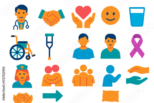 Empathy in Healthcare Icons. Patient support in modern flat vector : doctor figure, handshake, heart in hands, comforting smile, wheelchair, crutch,