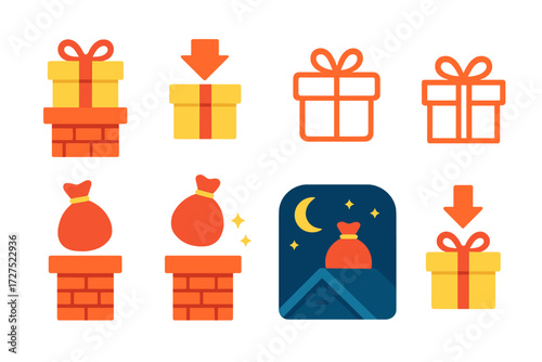 Festive Gift Delivery. Gift drop in modern flat vector : chimney opening, dropping package, chimney outline, gift silhouette, chimney with sparkles,