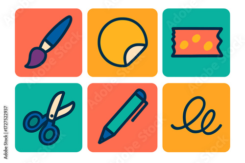 Craft Tools Icons. Creative album in modern flat vector : paintbrush, sticker, washi tape, scissors, pen, doodle. .