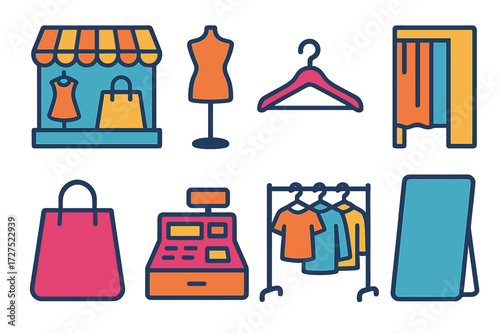 Minimalist Retail Icons. Modern retail in modern flat vector : boutique window, mannequin, shopping bag, hanger, fitting room, cash register, clothes