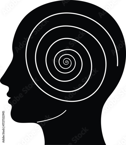 Silhouette of a human head with a hypnotic spiral inside, representing mind control or deep thought.