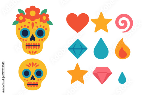 Minimalistic Festive Skulls. Festive skulls in modern flat vector : calavera face, flower crown, heart, star, swirl, diamond, teardrop, flame. [] .