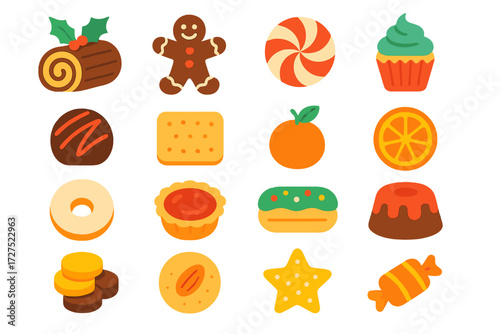 Colorful Festive Dessert Icons. Festive desserts in modern flat vector : yule log cake, gingerbread cookie, peppermint swirl, frosted cupcake, truffle
