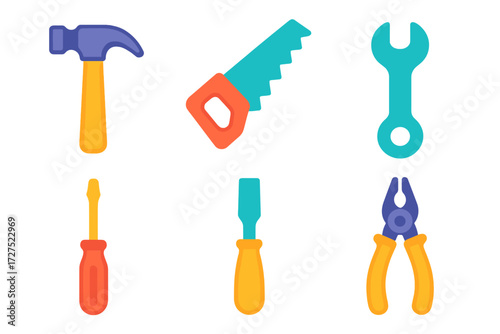 Colorful Workshop Tools. Workshop tools in modern flat vector : hammer, saw, wrench, screwdriver, chisel, pliers. .
