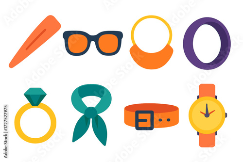Minimalist Fashion Accessories. Trendy accessories in modern flat vector : fashion pick, sunglasses, necklace, bracelet, ring, scarf, belt, watch.