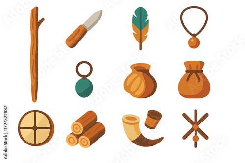 Rustic Stick Icons. Rustic walking stick in modern flat vector : wooden stick, carving knife, feather, bead, leather strap, stone, shell, pouch, drum,