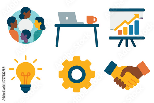 Diverse Office Icons. Workplace diversity in modern flat vector : diversity circle, office desk, laptop, coffee cup, chart, lightbulb, gear, handshake