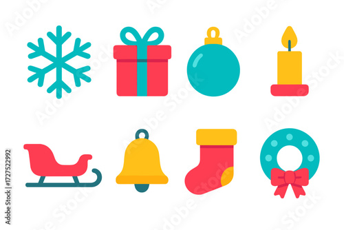 Festive Icon Collection. Holiday chill in modern flat vector : snowflake, gift box, ornament, candle, sleigh, bell, stocking, wreath. [] .