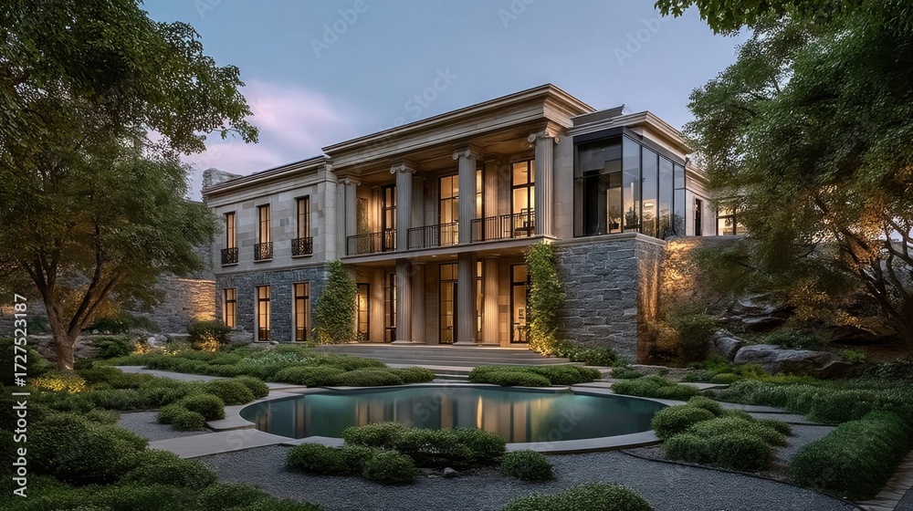 Fototapeta premium Luxurious house blends classical architecture with modern design, featuring stone cladding, large windows, tall columns,