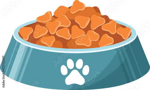 A blue pet bowl filled with orange heart-shaped kibble, symbolizing pet food.