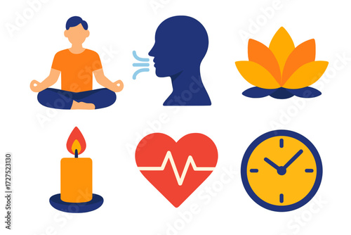 Modern Mindfulness Icons. Mindful moments in modern flat vector : meditation pose, breathing symbol, lotus flower, candle, heart pulse, clock. .