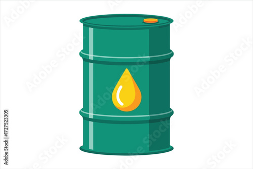 Vector art of a green oil barrel with a yellow oil drop, symbolizing energy, industry, and the petroleum sector