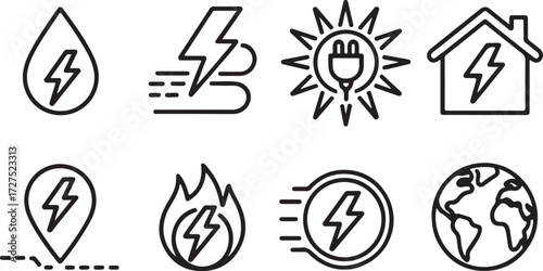 Minimalist collection of energy icons representing solar, wind, and hydro power. Clean vector graphic symbols for renewable electricity and technology themes