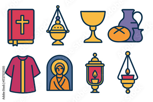 Modern Ceremonial Icons. Ceremonial objects in modern flat vector : liturgic book, censer, chalice, bread, wine jug, vestment, icon, sanctuary lamp. [