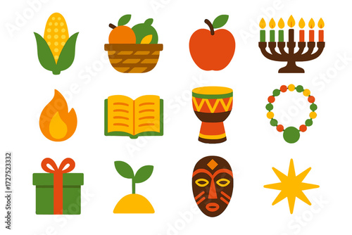 Kwanzaa Icons Collection. Principles of Kwanzaa in modern flat vector : ear of corn, harvest basket, fruit, kinara, flame, book, drum, necklace, gift
