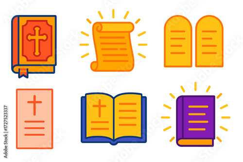 Sacred Texts Icons. Religious writings in modern flat vector : ornate book, glowing scroll, text with rays, ceremonial tablet, prayer script, sacred