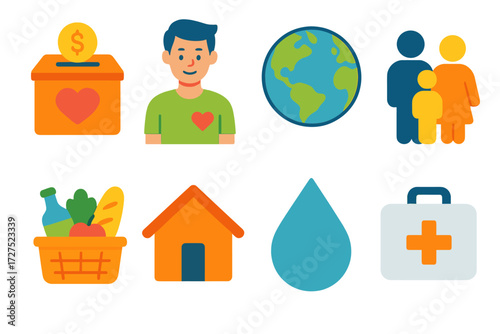 Community Support Icons. Community support in modern flat vector : charity box, volunteer, globe, family, food basket, shelter, water drop, medical