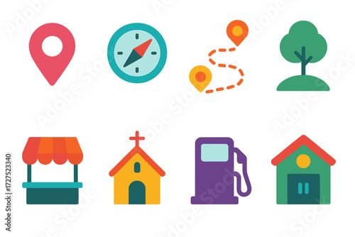 Colorful Travel Icons. Local guide in modern flat vector : map marker, compass, walking path, green space, market stall, church, gas station,