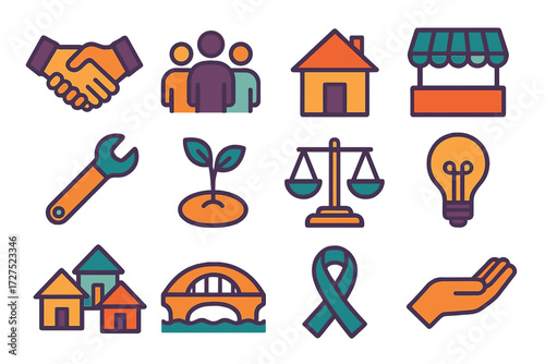 Nguzo Saba Icons. Nguzo Saba values in modern flat vector : handshake, team, house, market stall, tool, seed, balance scale, light bulb, village,