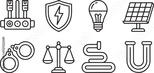 A versatile collection of crisp monochrome line art icons illustrating concepts of technology, law, energy, and industry