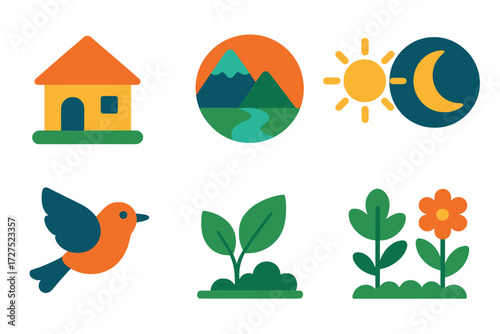 Modern Natural Harmony. Natural harmony in modern flat vector : peaceful home, mountain, river, sun, moon, bird, leaf, garden. [] .