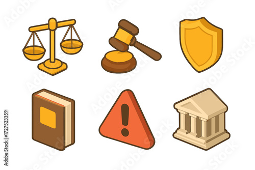 Justice Icon Set. Ethics & justice set icons in modern isometric flat : balanced scales, gavel, shield, law book, exclamation mark, courthouse