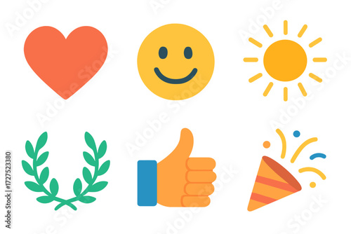 Vibrant Joyful Icons. Joyful symbols in modern flat vector : heart, smiley face, sunburst, laurel wreath, thumbs up, celebration ribbon. .