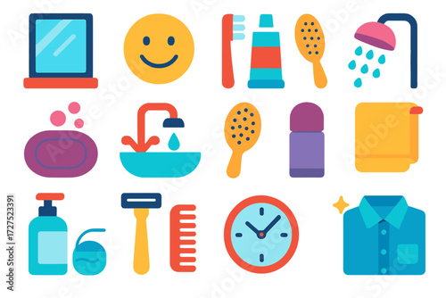 Modern Minimalist Bathroom Icons. Daily routine in modern flat vector : bathroom mirror, smiling face, toothbrush, toothpaste, towel, soap bar, sink,