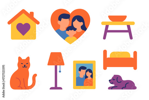 Cozy Family Icons. Family warmth in modern flat vector : peaceful home, heart, family, table, bed, pet, lamp, framed photo. [] .