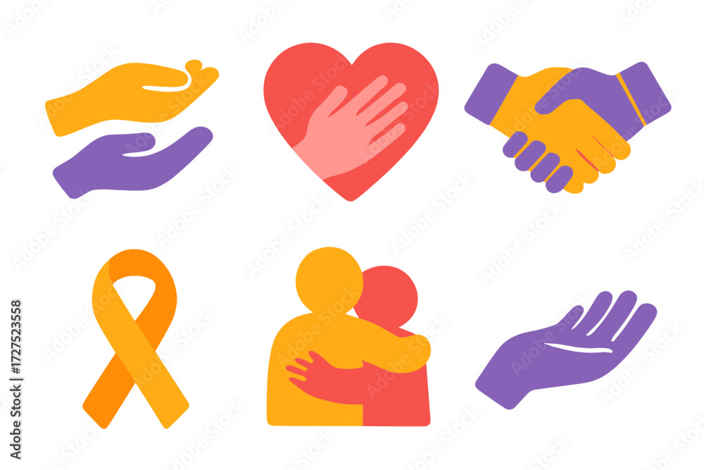 Obraz premium Vibrant Support Icons. Support symbols in modern flat vector : helping hands, heart with hand, handshake, support ribbon, hug icon, open palm. .