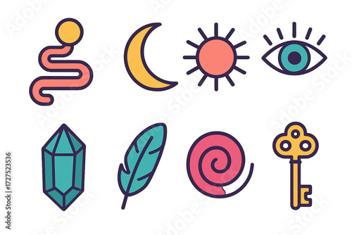 Mystical Icon Set. Mystic symbols in modern flat vector : spiritual path, moon, sun, eye, crystal, swirl, feather, key. [] .