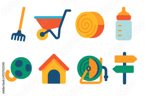 Habitat Management Icons. Habitat management in modern flat vector : rake, wheelbarrow, hay bale, feeding bottle, enrichment toy, shelter hut, water