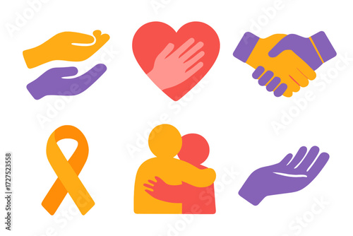 Vibrant Support Icons. Support symbols in modern flat vector : helping hands, heart with hand, handshake, support ribbon, hug icon, open palm. .