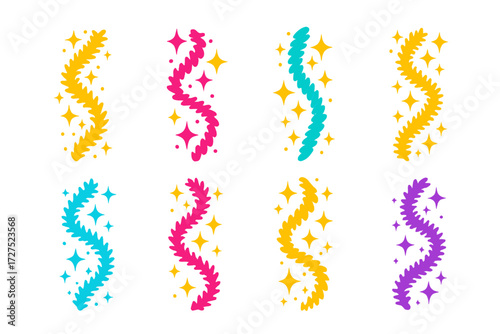Glittering Tinsel Icons. Tinsel shine in modern flat vector : sparkling strand, twisted garland, metallic shimmer, starry sparkle, looped tinsel,