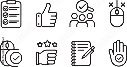 A set of minimalist line art icons representing customer feedback, quality control, survey results, and user satisfaction