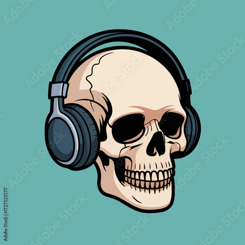 Human skull with headphones on teal background suitable for musicrelated designs, halloween graphics, and edgy promotional materials.