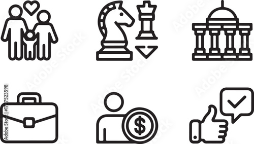 A clean and minimalist line icon set for business strategy, finance, family law, and corporate success
