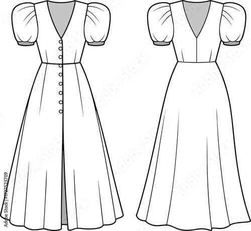 Elegant puff sleeve maxi dress flat sketch, front and back view, button-down style, V-neckline, fashion technical CAD illustration