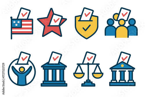 Vibrant Election Icons. Election symbols in modern flat vector : flag ballot, star ballot, shield ballot, people ballot, unity ballot, courthouse