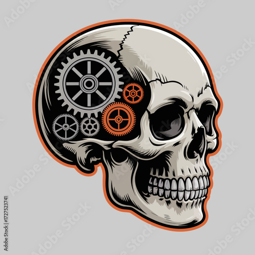 Skull with gear section replacement, symbolizing technology integration. Ideal for digital designs, branding projects, and futuristic concepts.