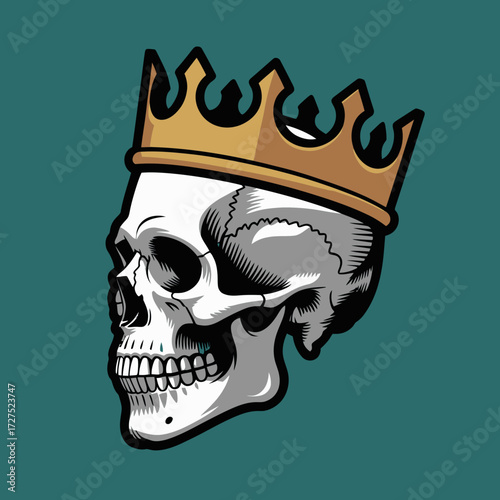 Skull with golden crown on bluegreen background, ideal for gothic or halloween designs, royal themes in graphic projects.