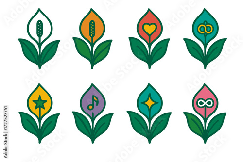 Symbolic Lilies Icons. Symbolic lilies in modern flat vector : peace lily, gratitude lily, love lily, unity lily, hope lily, harmony lily, guiding