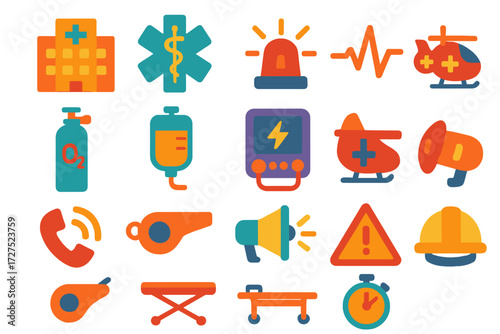 Emergency Icons Design. Emergency icons in modern flat vector : hospital building, paramedic star, siren, lifeline, oxygen tank, IV bag, defibrillator