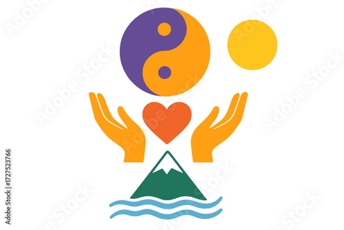 Harmony in Minimalism. Mental balance in modern flat vector : yin yang symbol, open hands, peaceful heart, mountain peak, flowing water, glowing