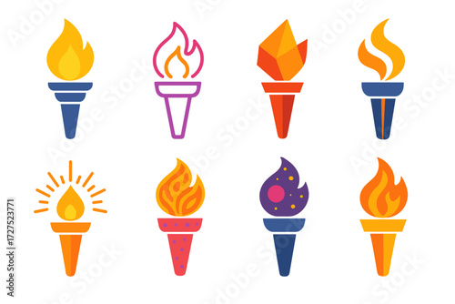 Vibrant Abstract Torches. Abstract torches in modern flat vector : glowing torch, neon torch, torch, spiral flame torch, radiant torch, patterned