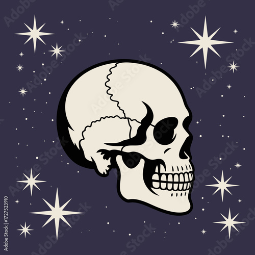 Mysterious skull with shining stars on a dark backdrop. Suitable for halloweenthemed designs, gothic art, or astrologyrelated projects.